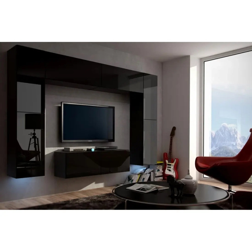 Set di mobili da soggiorno neri sospesi collezione CEPTO III 256cm, 8 porte, 8 scaffali, led, modulari.