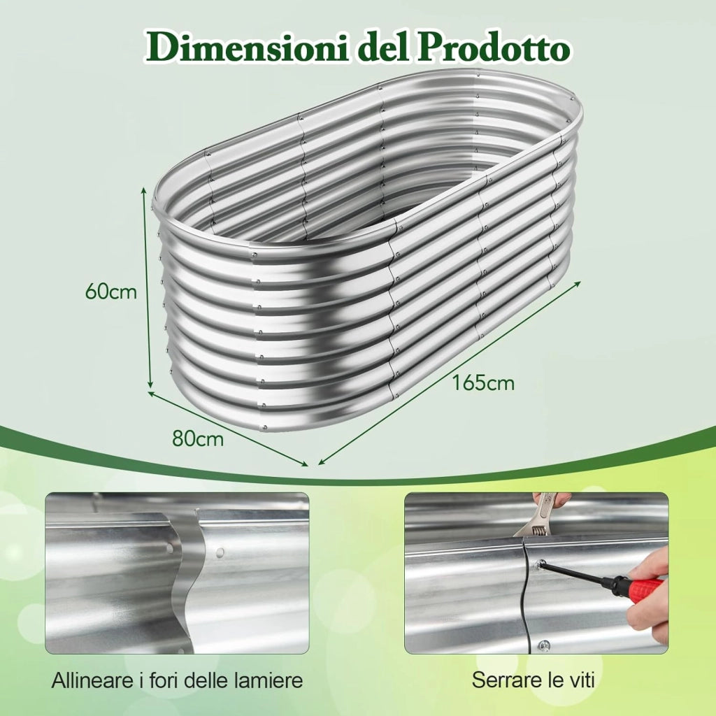 Letto da Esterno Rialzato in Metallo, Aiuola Rialzata in Ovale con Design a Fondo Aperto, Protettori d'Angolo Rinforzati, Orto Rialzato da Esterno per Verdure, Fiori, Erbe Aromatiche (Argento)