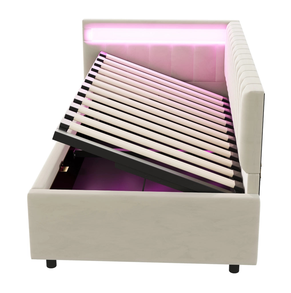 Letto imbottito 90x200 con LED, contenitore idraulico e rete a doghe