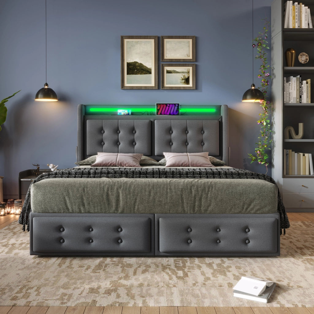 LETTO matrimoniale 140x200 cm in cotone-lino grigio con 4 cassetti e LED