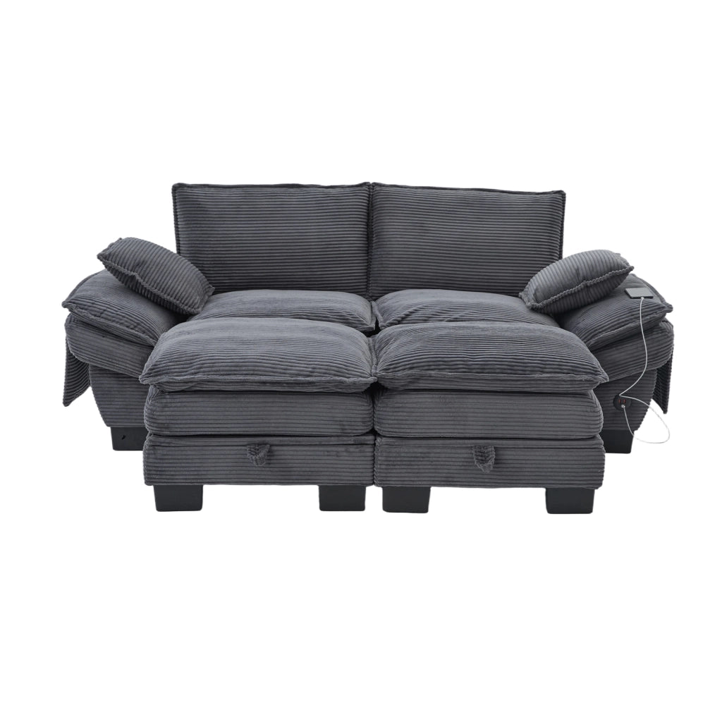 Divano 2 Posti con Poggiapiedi in Tessuto a Coste ¨C MINIMAL ¨C Grigio