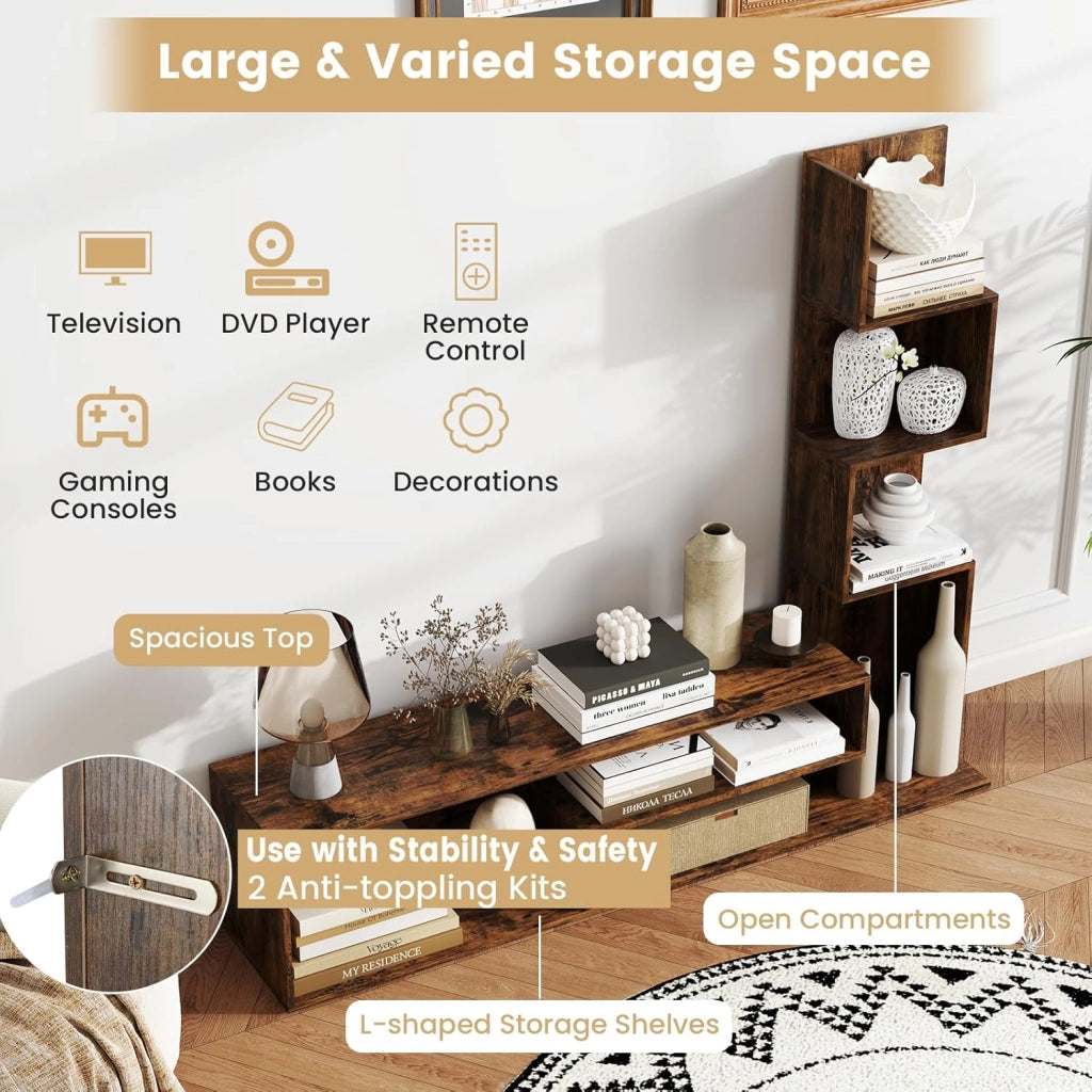 Mobile TV Soggiorno con Mensole a Forma di L e Scomparti Aperti, Mobiletto Multifunzione per Televisione fino a 50”, Mobile Porta TV e Libri in Legno per Camera da Letto, Ingresso (Marrone)