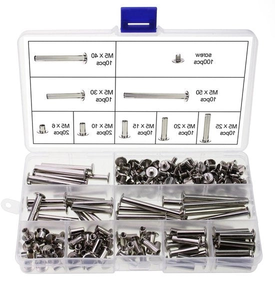 Set di 100 viti Chicago a clessidra con 8 misure - punte rotonde - viti a testa a clessidra per riparazione di pelli e stoffe con riempimento solido di corda per fissaggio.