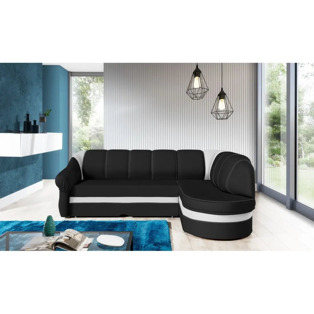 Divano ad angolo destro convertibile BENANA 250 cm nero e bianco con contenitore