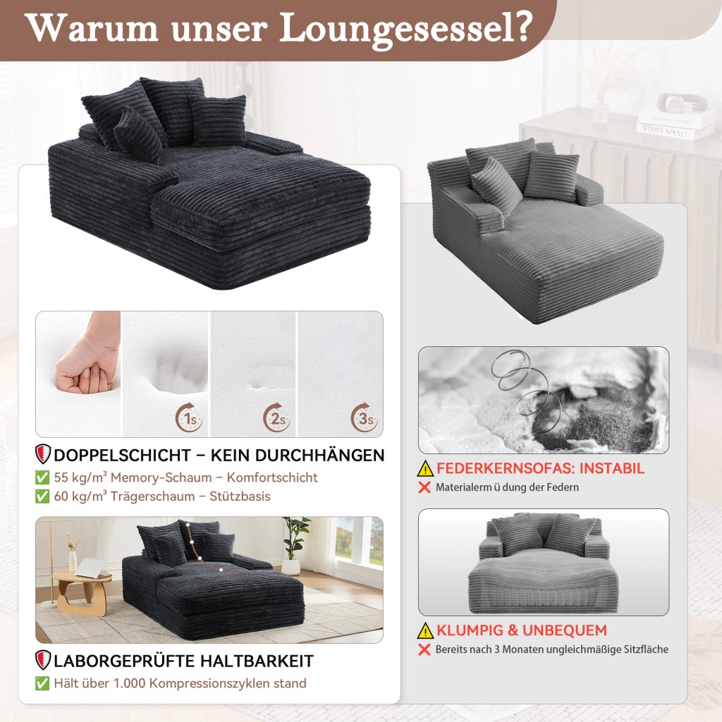 CHAISE LONGUE 137x175x63 cm in velluto a coste grigio