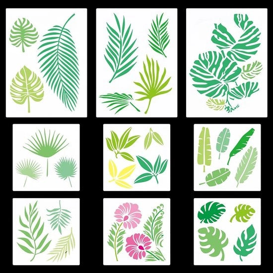 Stencili di Foglie Tropicali - 9 Pezzi - Reutilizzabili - Adatti per Mobili e Pareti