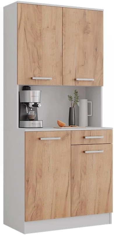 Buffet da cucina Raul, Rovere bianco/dorato, 83.6 x 188.5 cm con 4 porte e 1 cassetto, con ripiano aperto per dispositivi e combinabile con moduli aggiuntivi