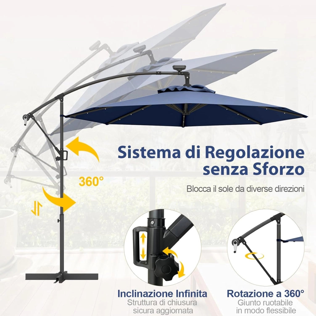 Ombrellone da Giardino ∅300 cm con 32 Luci LED, Ombrellone Prendisole con Rotazione di 360°, Inclinazione Regolabile, 8 Stecche, Manovella, per Giardino Piscina Cortile (Blu Scuro)