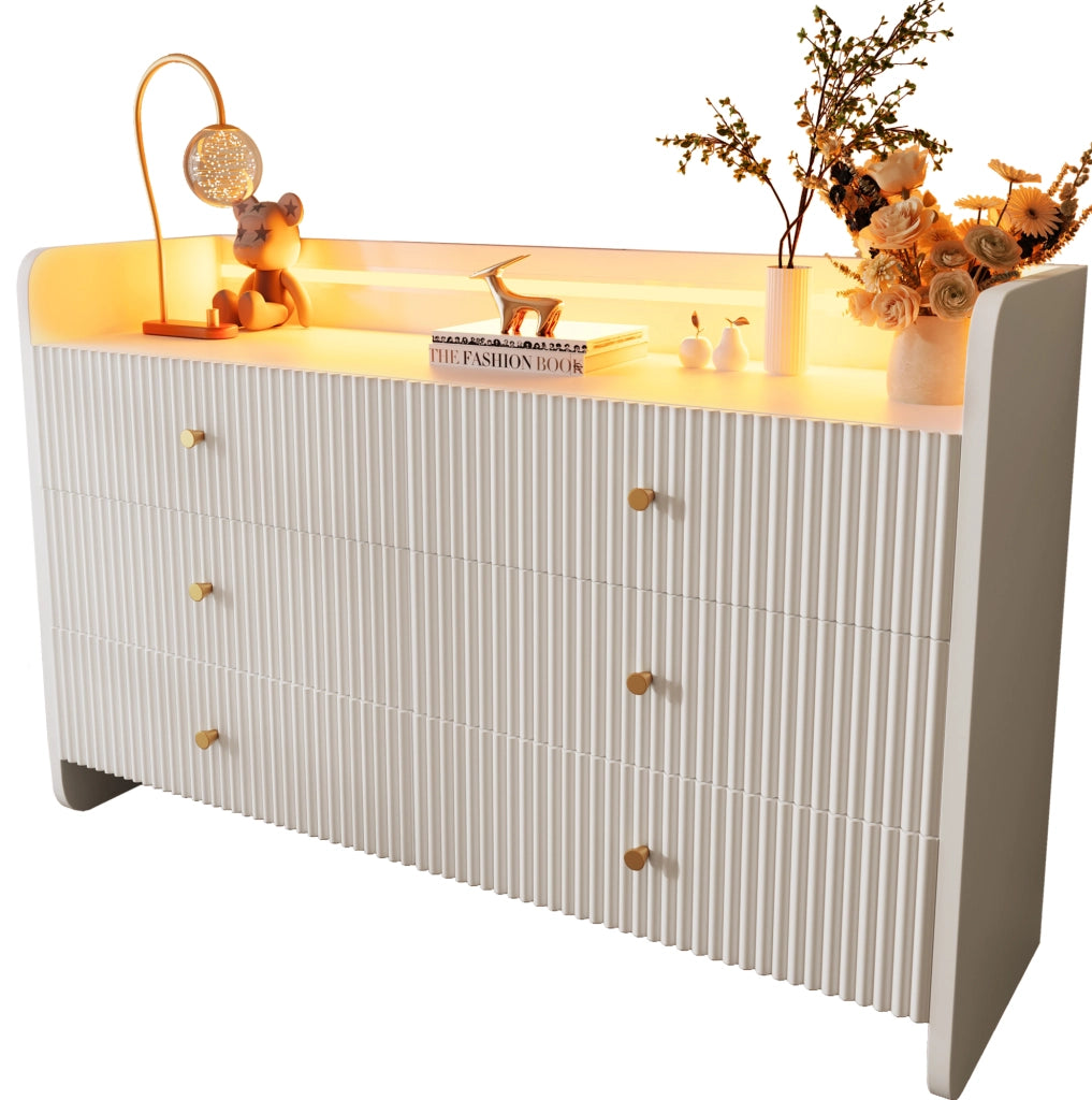Credenza 120x40x75 cm con LED; 6 cassetti e vano aperto; pannello truciolare bianco