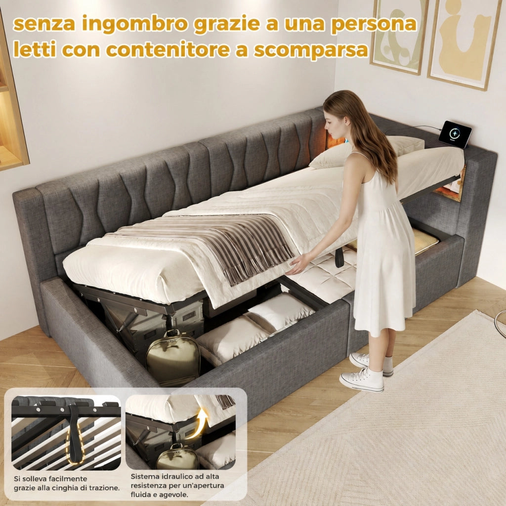 Letto da giorno 90x200 con contenitore; LED dimmerabile; ripiani e USB; lino e MDF; beige