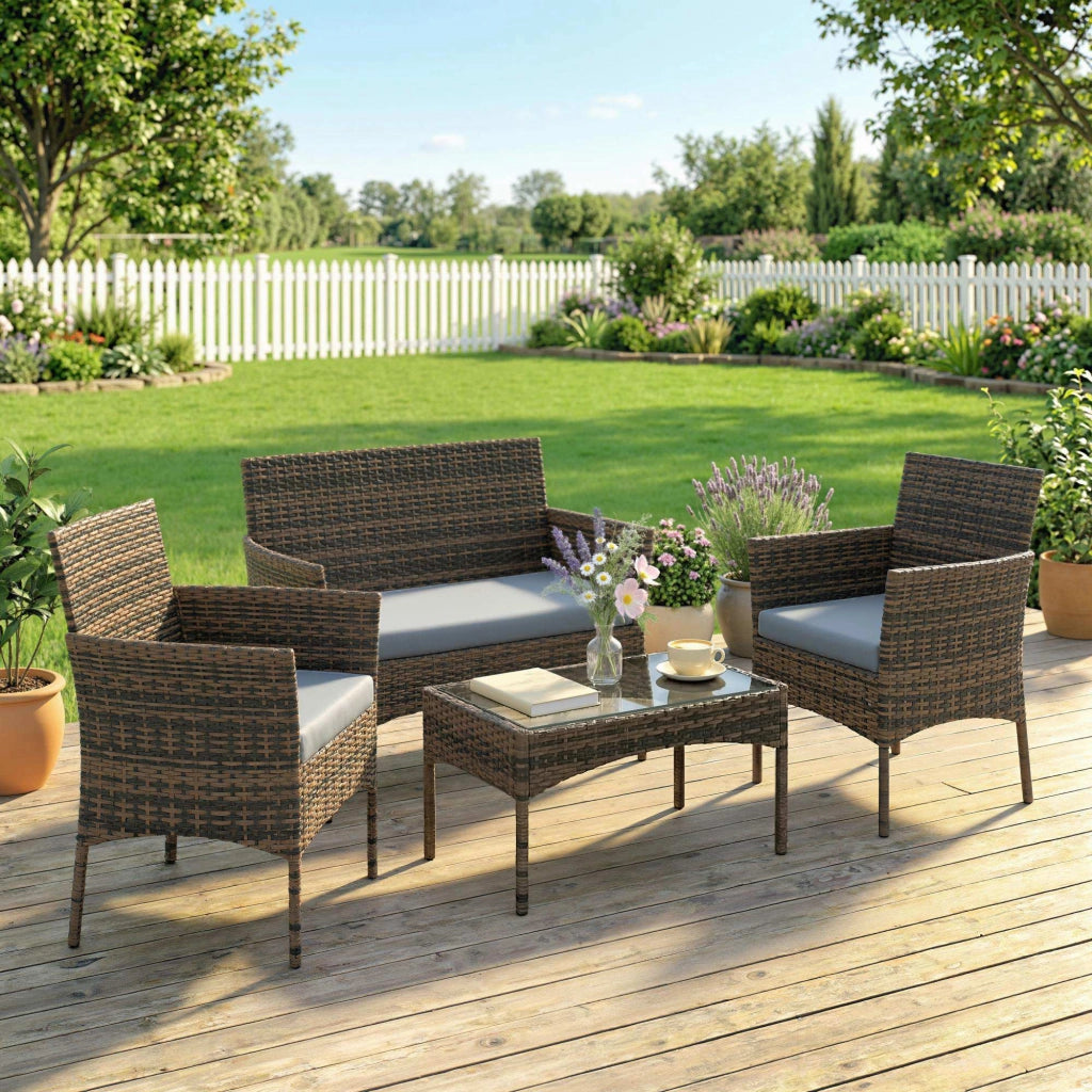 Set giardino in polyrattan con divano, poltrone e tavolo in vetro ¨C zephmum ¨C marrone e grigio