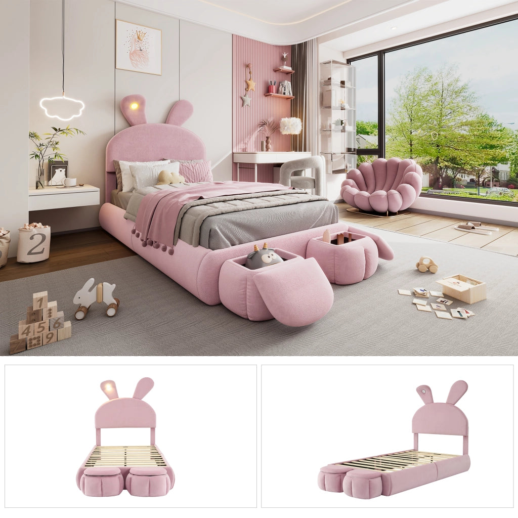 Letto Singolo 90x200 cm - LED Regolabile; 2 Pouf Contenitore e Testiera Regolabile - Rosa