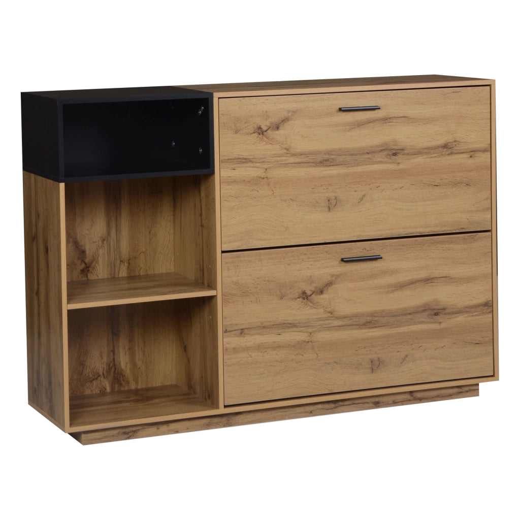 Scarpiera con 2 ante a ribalta e 3 vani aperti, per ingresso, in MDF, effetto legno naturale e nero, 120 × 32 × 84,5 cm