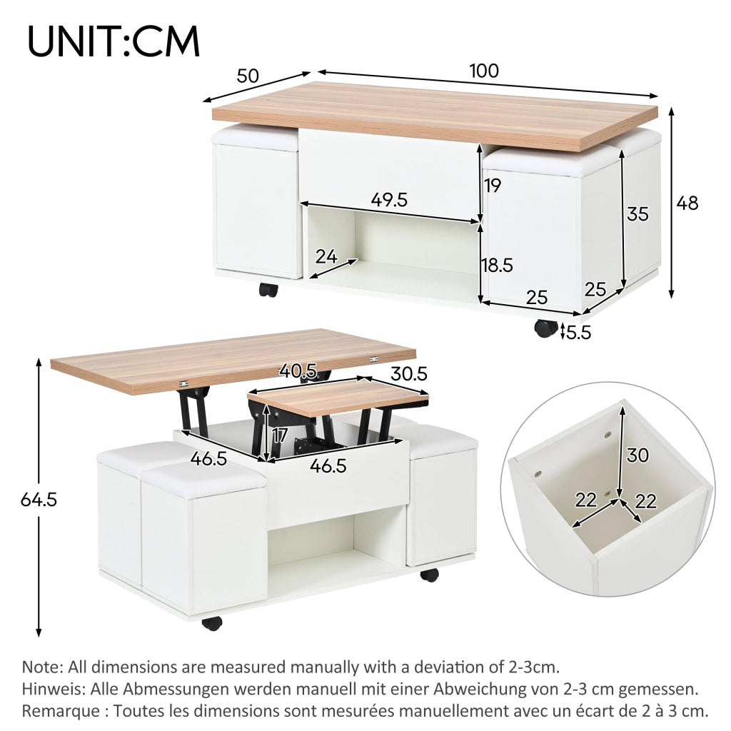 Tavolino da salotto regolabile in altezza 2 in 1 con contenitore, piano sollevabile, ruote e 4 sgabelli, bianco e legno naturale