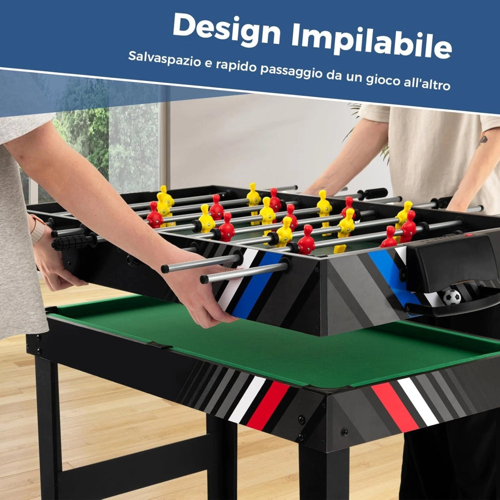 4 in 1 Tavolo Multigioco, Calcio Balilla/Tavolo da Biliardo/Ping Pong/Air Hockey, Calcetto Multigioco Impilabile per Casa Feste Bar, 125x97x83 cm