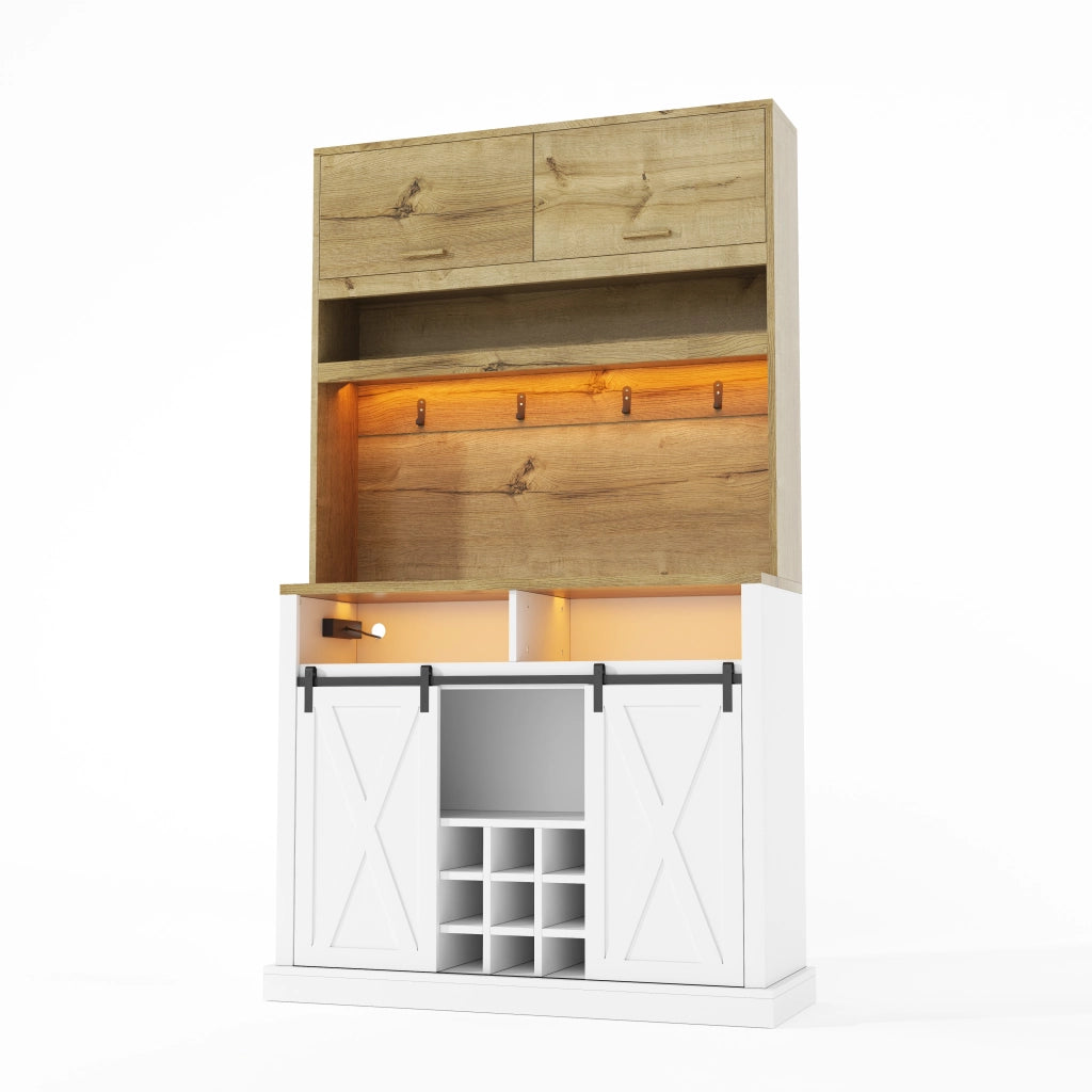 Credenza alta da cucina con vetrina, LED RGB, ripiani aperti e ante scorrevoli, 110 x 40 x 191 cm