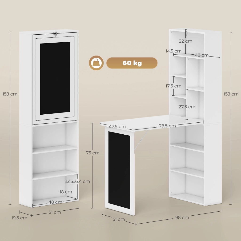 Scrivania PC Pieghevole con Libreria a 9 Ripiani in Legno e Metallo. 98x51x153 cm. Bianco