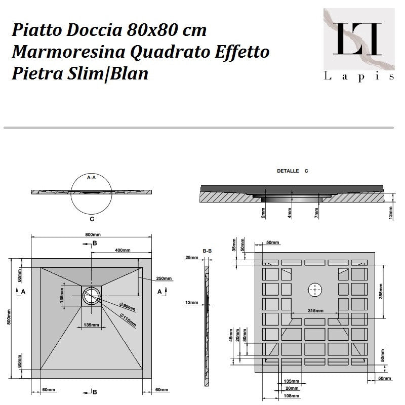 Piatto Doccia quadrato 80x80 cm Resina Antracite Effetto Pietra|