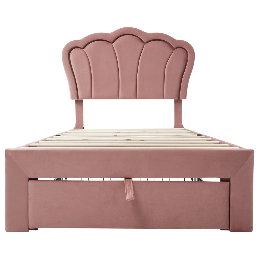 Letto singolo imbottito 90x190 cm in velluto rosa con testiera regolabile, LED RGB, cassetto estraibile e rete a doghe