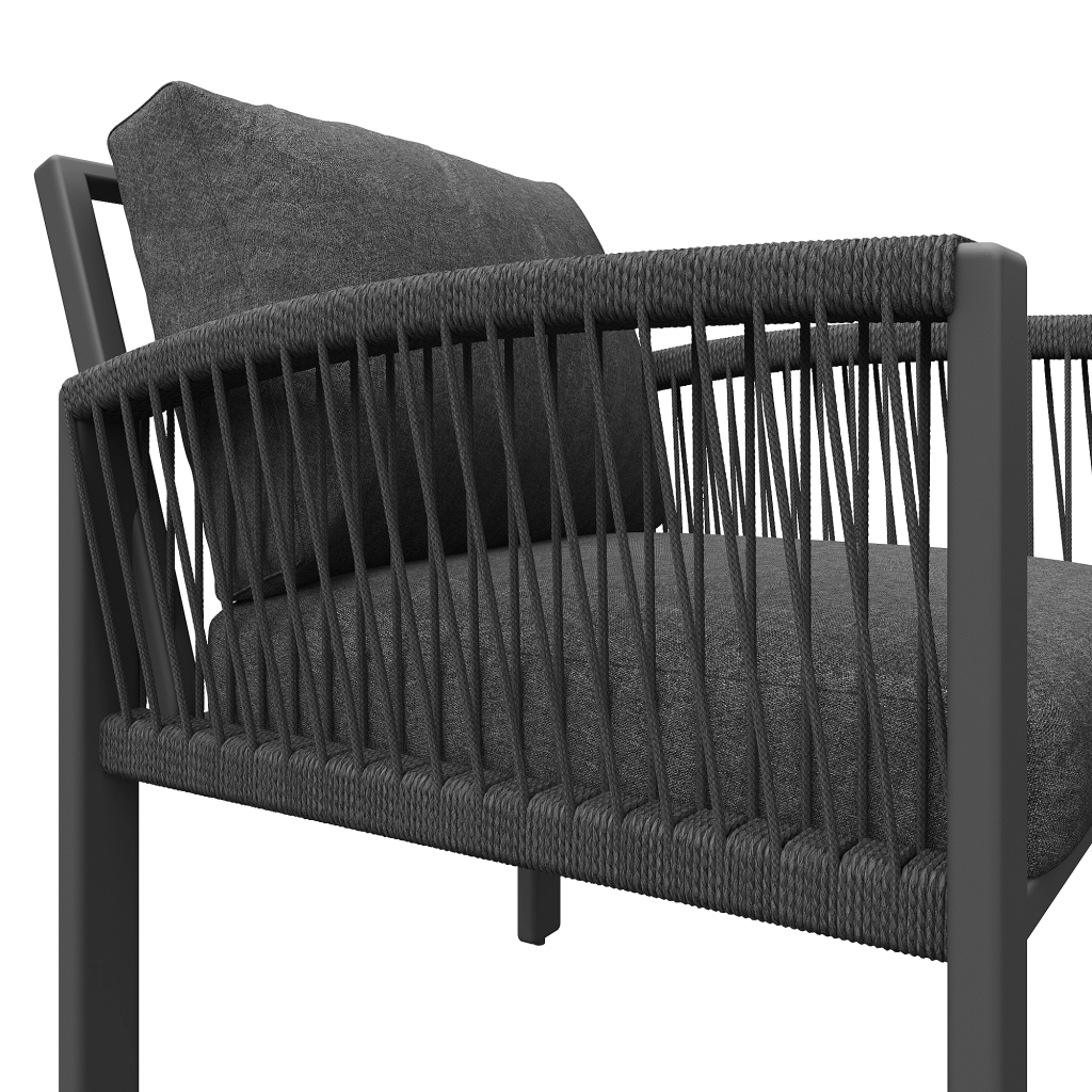 Set giardino 8 persone: corda intrecciata; tavolo grande effetto legno; ferro zincato; piedini regolabili