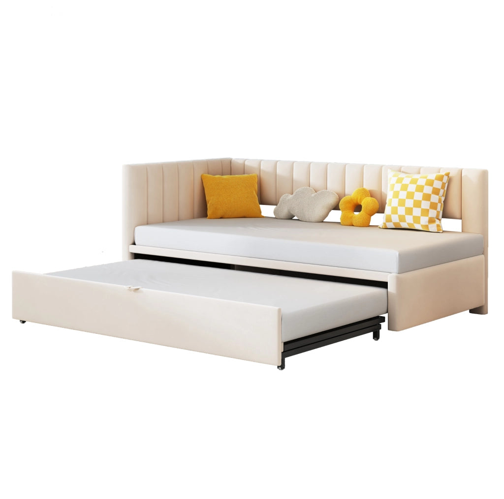 Divano letto a L estraibile 90x200 cm in velluto beige