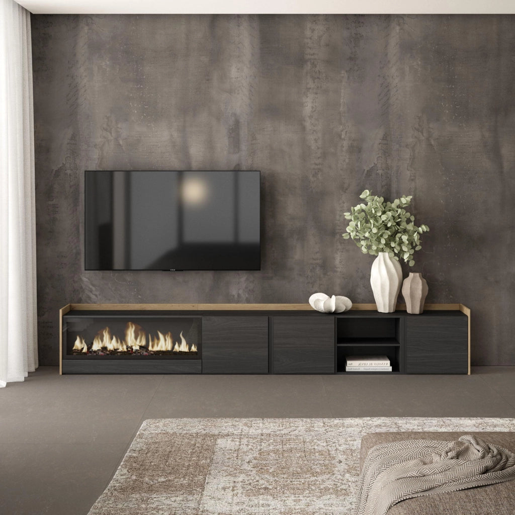 Mobile TV Soggiorno, 315x50x35 cm, Per TV fino a 80", Camino elettrico XXL, Nero e rovere