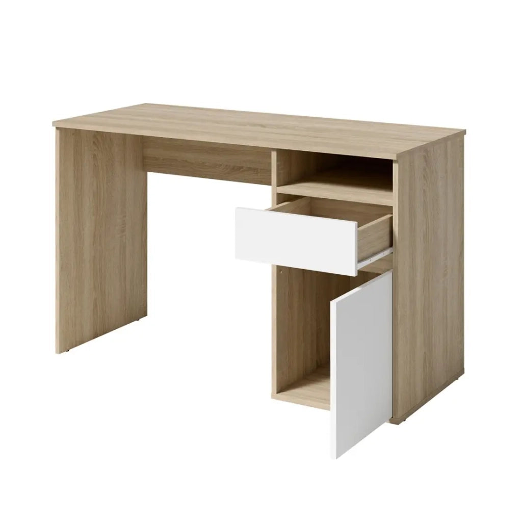 Scrivania BILOU in rovere e bianco - 1 cassetto, 1 porta e 2 nicchie - Design bicolore e spazi di stoccaggio pratici