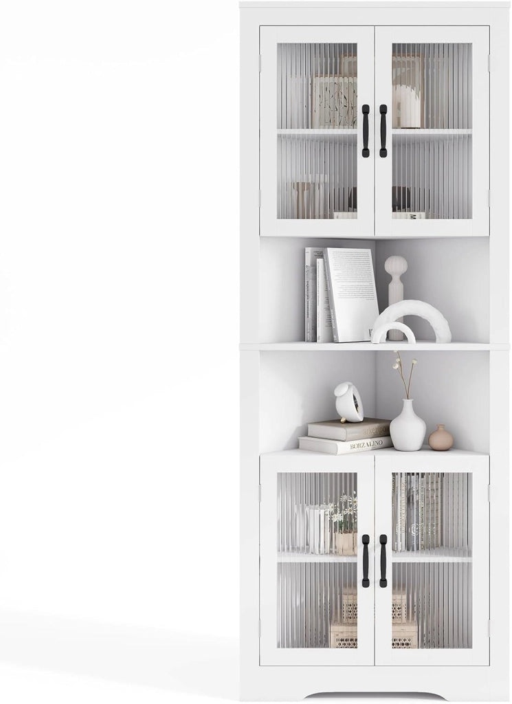 Armadio Angolare 66 x 35 x 171 cm, Mobile Bagno Triangolare Salvaspazio con 4 Ante in Vetro Temperato e Ripiani Regolabil, Mobile Angolare per Soggiorno, Cucina e Sala da Pranzo (Bianco)