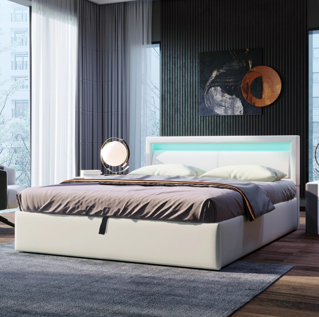 Letto imbottito 140x200 cm con LED, rete e vano contenitore