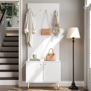 Mobile da ingresso con 6 ganci, scarpiera a 2 ante e ripiano regolabile, in PB e MDF, bianco, 70 × 35 × 180 cm