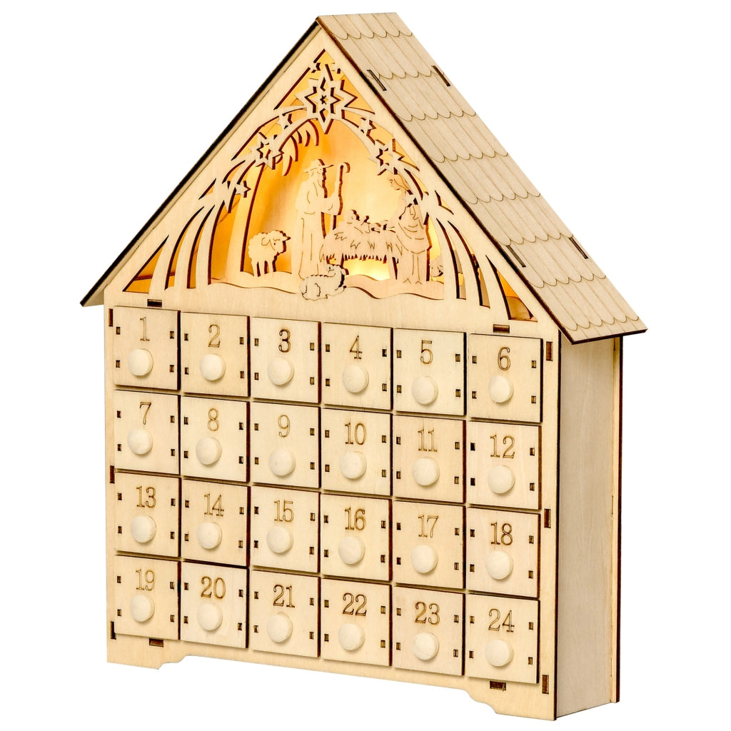 Calendario dell'Avvento in Legno con 24 Cassetti, Decorazione Natalizia con Presepe Intagliato e Luci, 26.6x6x30cm