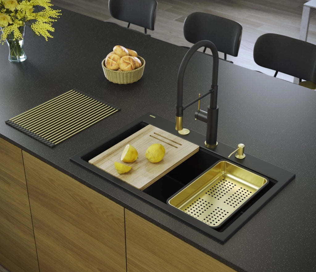 Lavello In Granito Marc 110 Workstation Black Tappo oro