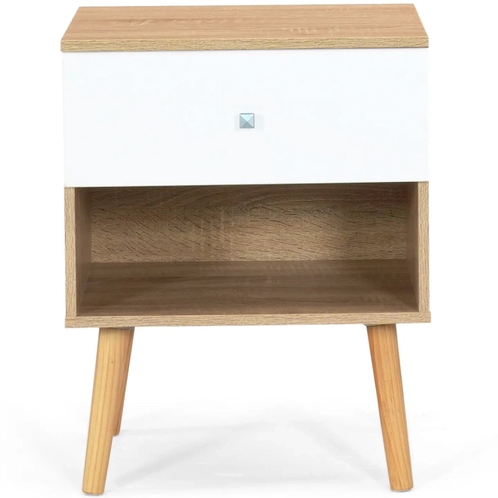 IDMarket - Set di 2 comodini scandinavi a 1 cassetto EMMIE in faggio e bianco