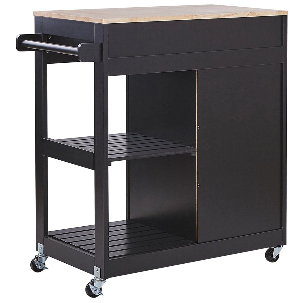 Carrello da cucina in MDF Nero legno di gomma 75 x 43 x 87 cm armadio porta asciugamani 2 ripiani cassetto posate ruote