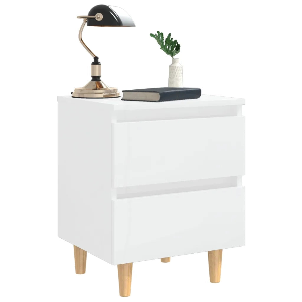 Set di 2 Comodini | Armadio da Notte | Mobiletto da notte con Gambe Legno Pino Bianco Lucido 40x35x50 cm