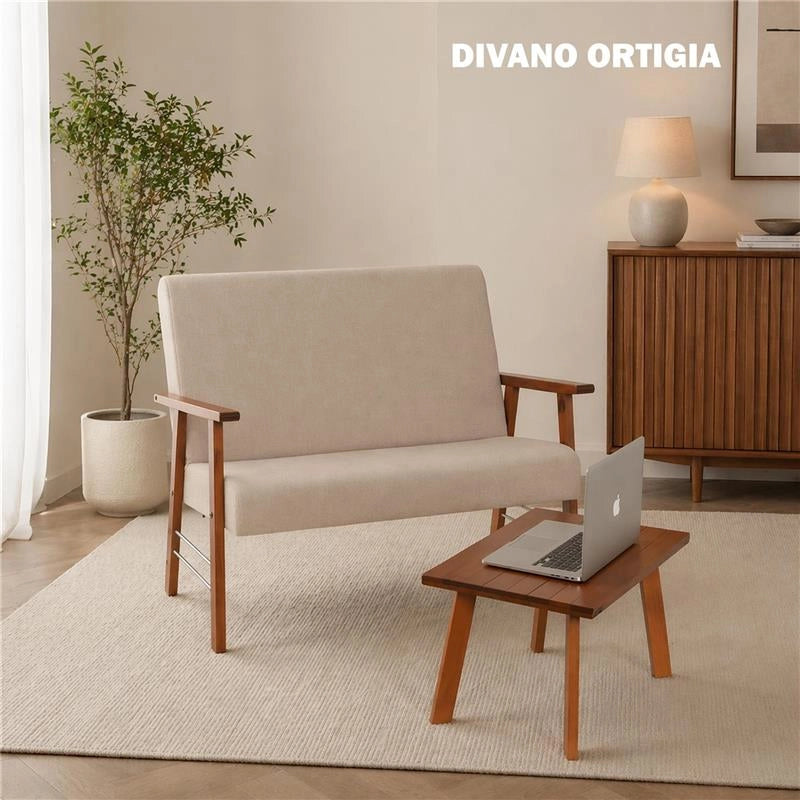 SET SALOTTO DA GIARDINO CON DIVANO, 2 POLTRONE + TAVOLINO IN LEGNO TABACCO E TESSUTO COLORE BEIGE
