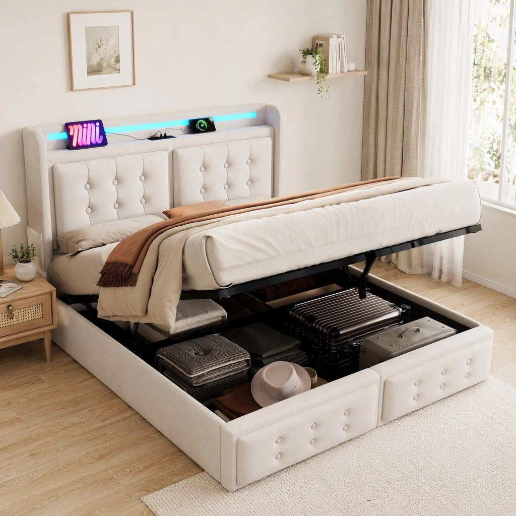 Letto matrimoniale 160x200 beige con LED, prese USB-C e contenitore