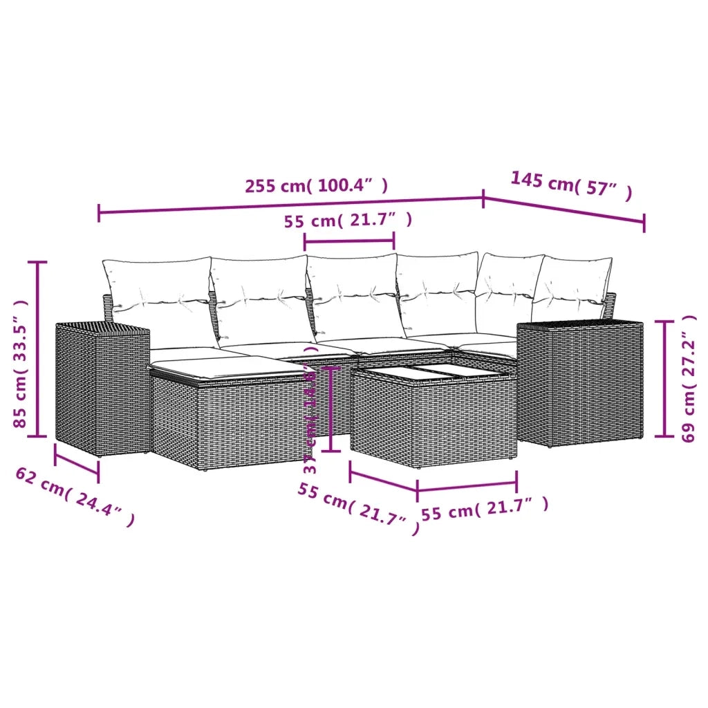 Set Divani da Giardino 7 pz con Cuscini Beige in Polyrattan