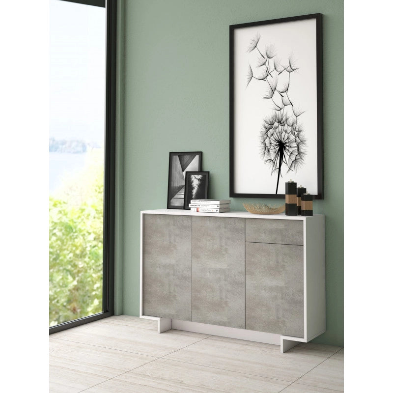 Madia Frame Slim 3 ante con cassetto push to open bianco e cemento 134x35x87 cm - Terraneo