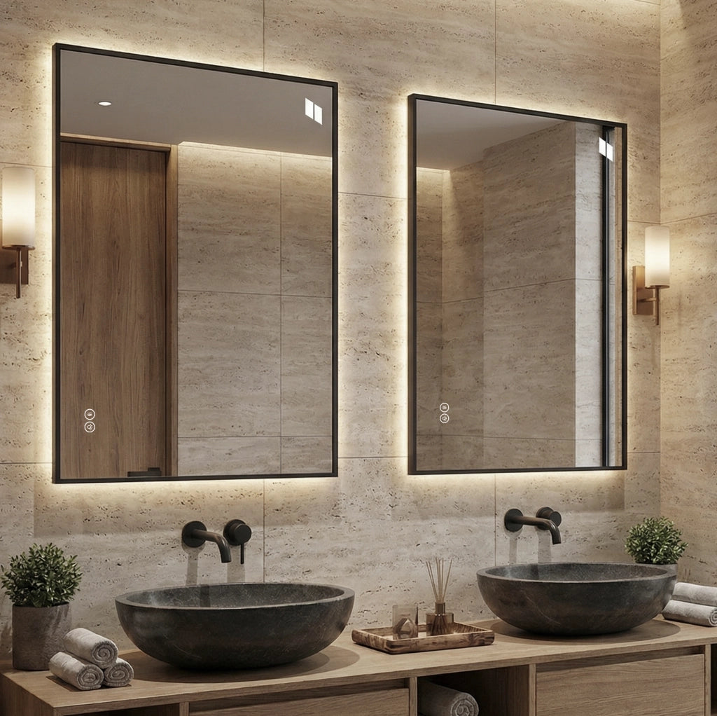 Specchio bagno LED 70x90 cm vetro e alluminio argento antinebbia retroilluminato