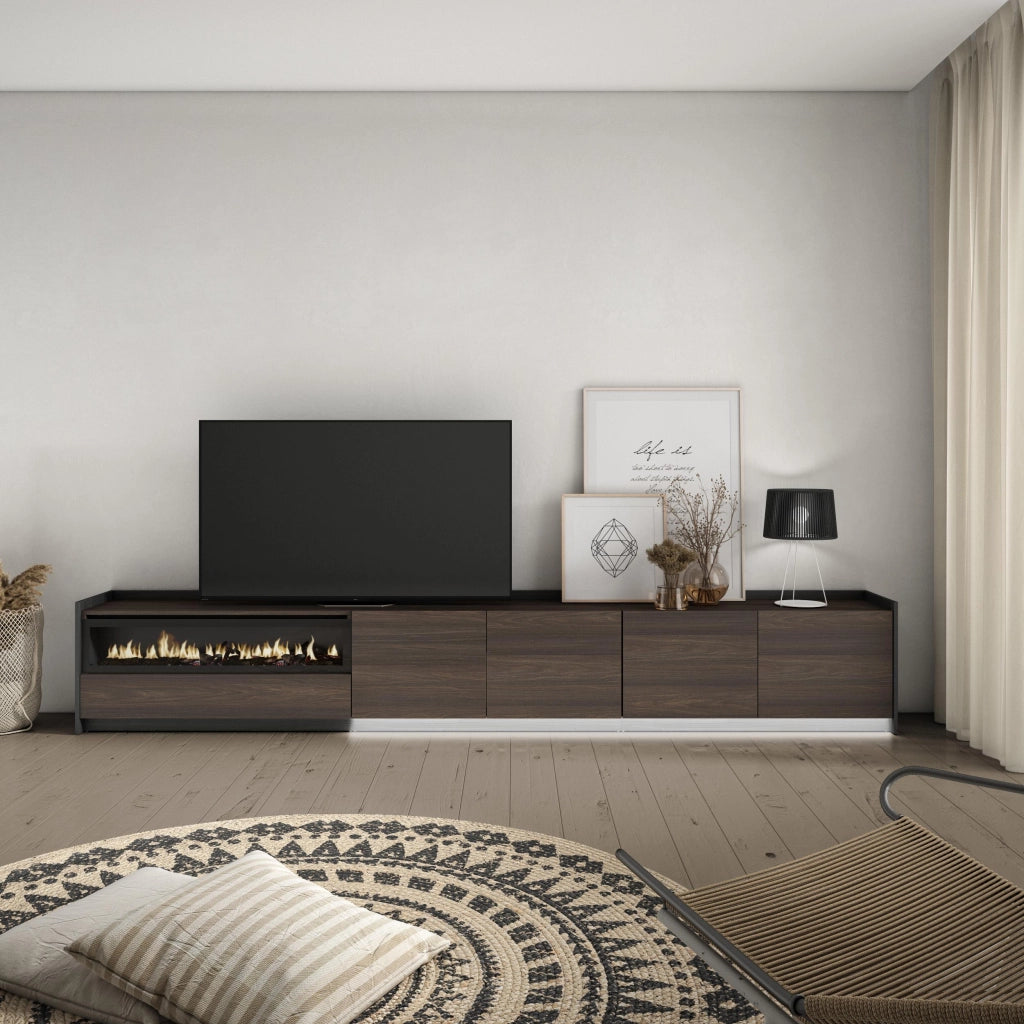 Mobile TV Soggiorno, 310x50x37 cm, Per TV fino a 80", Camino elettrico, LED, Rovere scuro e Nero