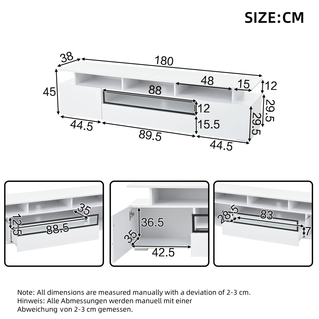 Mobile TV con 2 ante; 1 cassetto e luci LED - per soggiorno - 180 x 38 x 45 cm - bianco