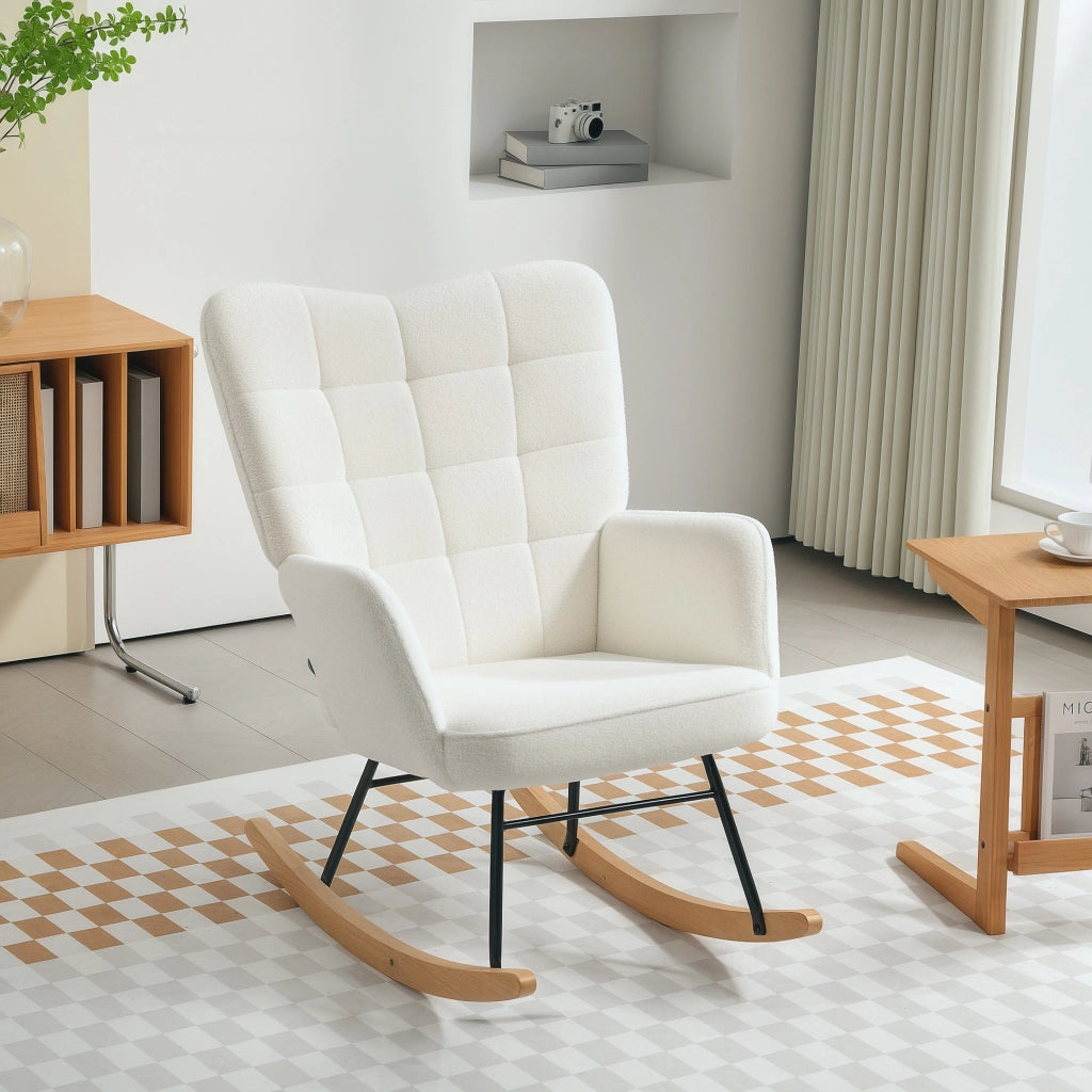 Poltrona Dondolo in Tessuto con Braccioli e Gambe in Legno ¨C zephmum ¨C Bianco