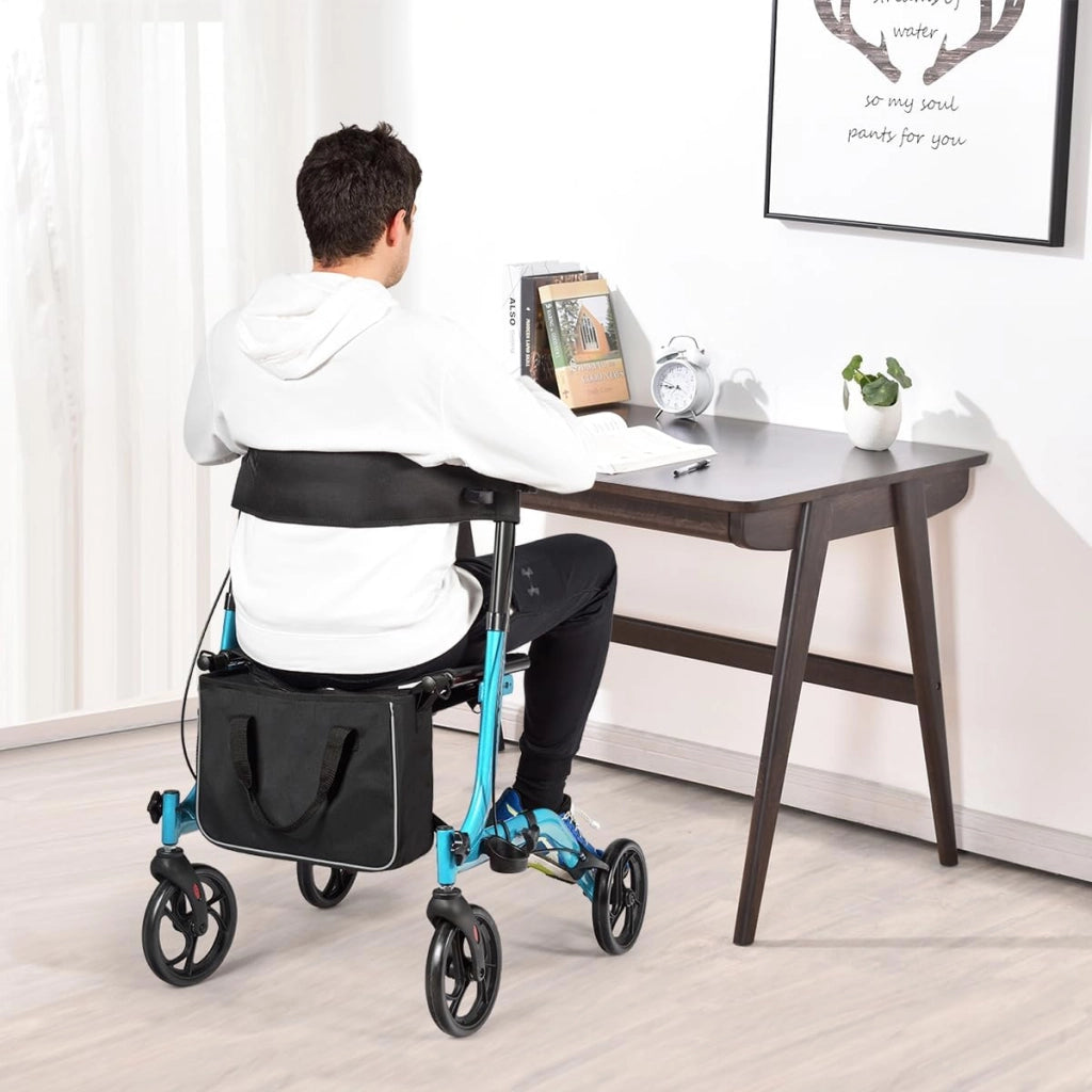 Deambulatore Pieghevole per Anziani Ultraleggero, con Sedile Borsa da Spesa e 4 Ruote Freno a Mano, Rollator Altezza Regolabile, Capacità 136kg, Lega di Alluminio, Nero (Blu)