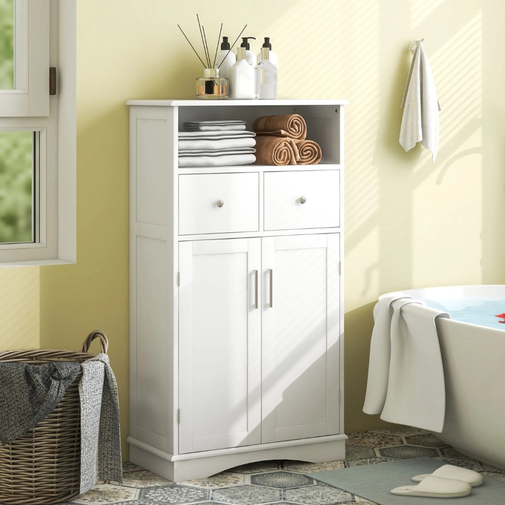 Mobile per bagno con 2 porte 2 cassetti e 2 ripiani regolabili-Organizzatore da pavimento 60x30x108cm Bianco