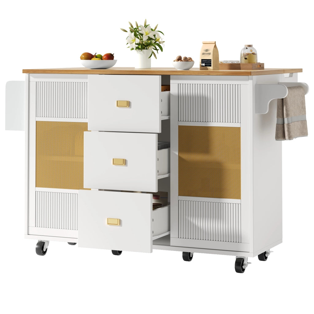 Isola da cucina mobile con piano ribaltabile, 146,85x70x90 cm, bianca, MDF e metallo