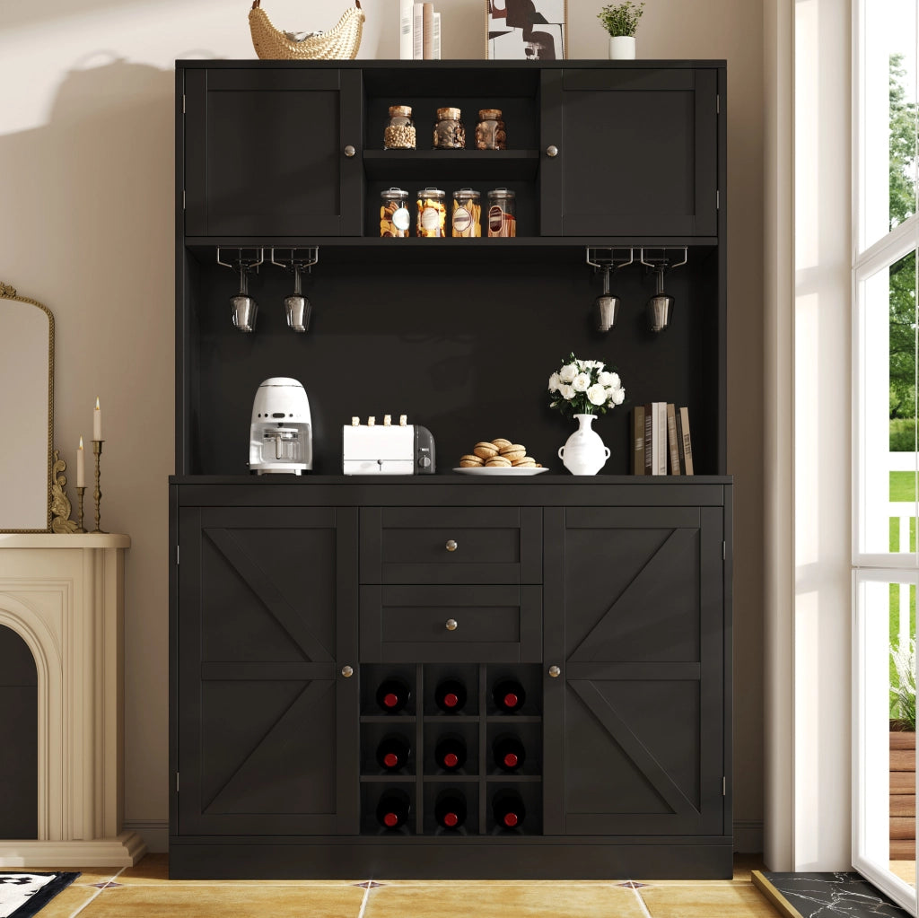 Credenza da cucina 120x40x188 cm con ripiani regolabili e portabottiglie in MDF nero