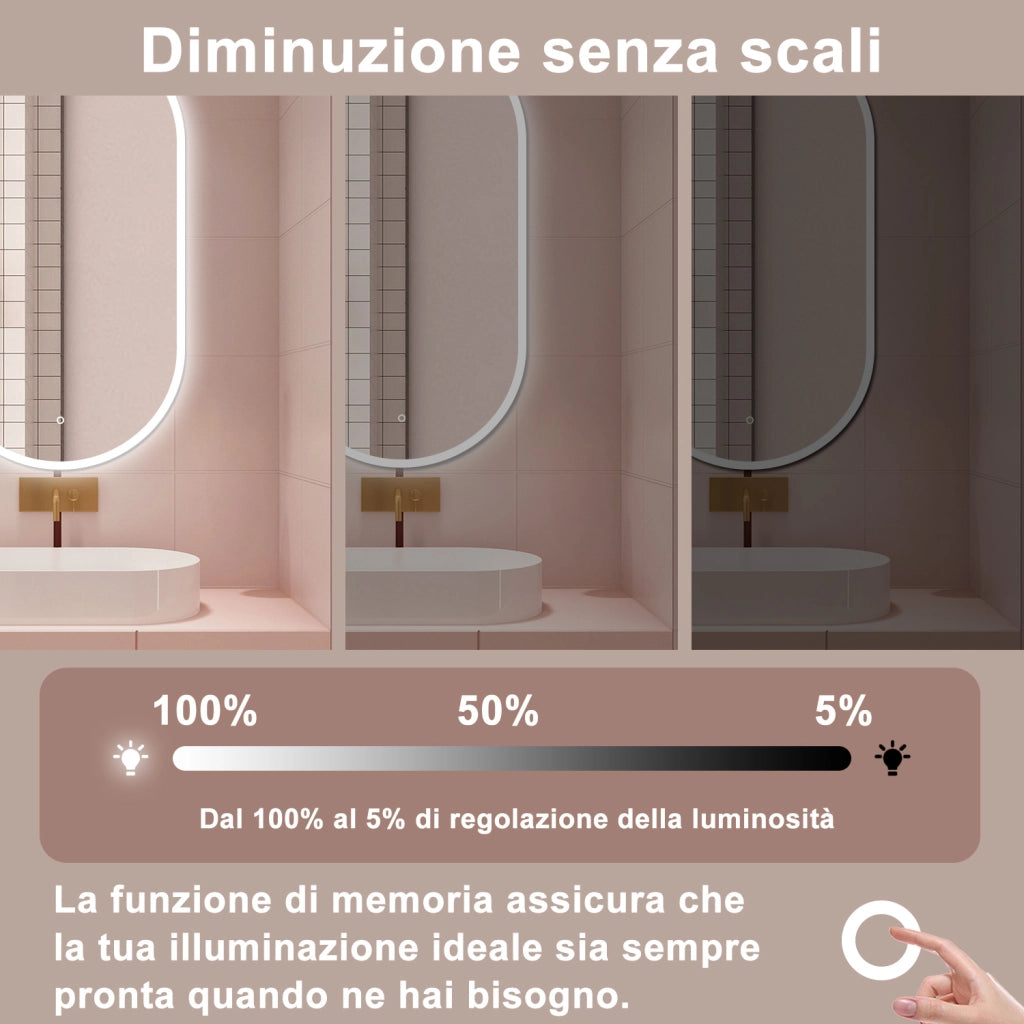 AICA Specchio da bagno 80 x 60 cm, dimmerabile，interruttore touch， Funzione Memoria, antiappannamento