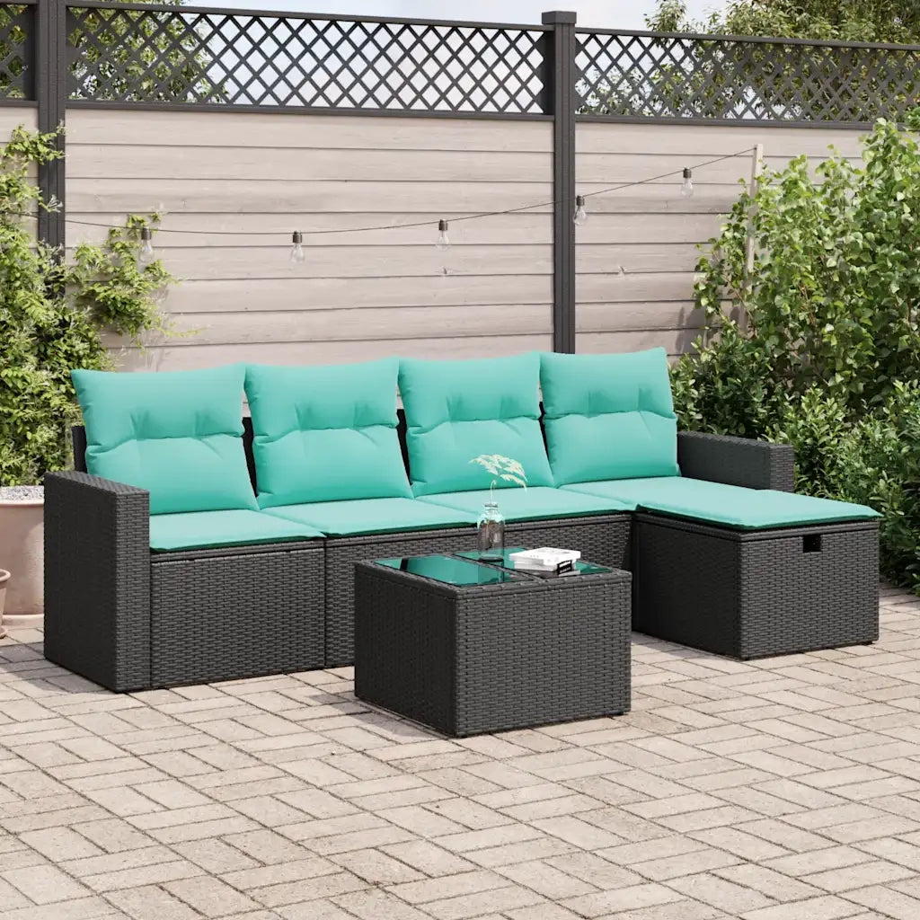 Set Divano da Giardino 6 pz con Cuscini Nero in Polyrattan
