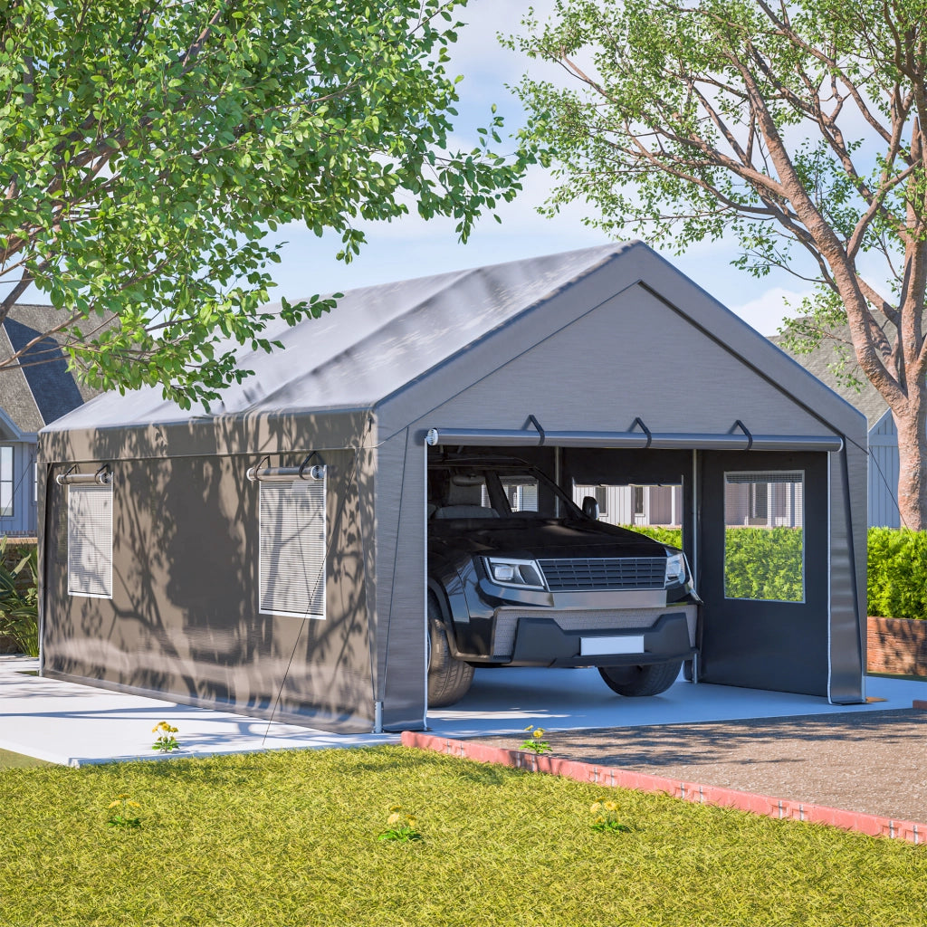Gazebo da giardino con copertura laterale impermeabile, porte avvolgibili e finestre in metallo grigio 611 × 396 × 300 cm